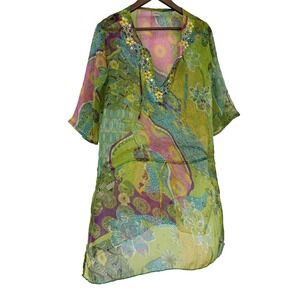 Sahiba Boho Sheer Floral Beaded Tunic Cover Up Drawstring Artsy festival L